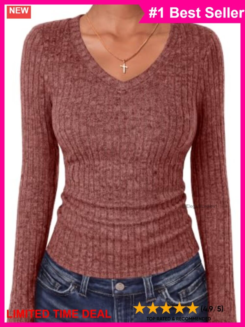 Ribbed V-Neck Long Sleeve Fitted Sweater Top Slim Fit Casual